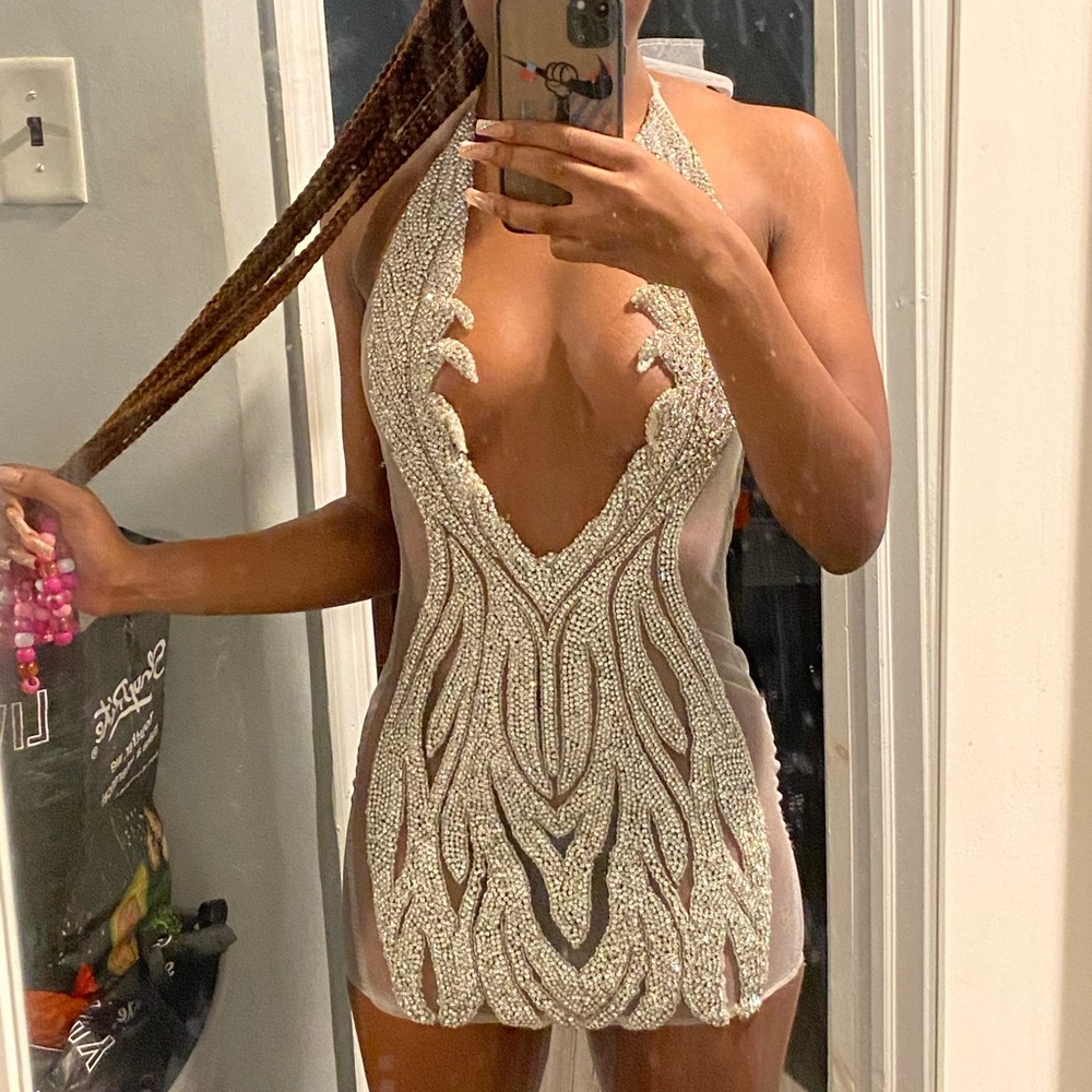 custom made halter neck, crystal mesh dress